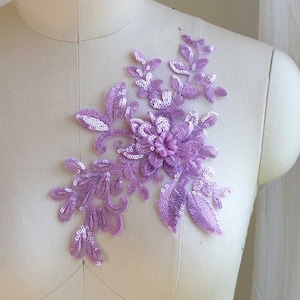 LAVENDER 3D Shiny Sequin Lace Applique, Purple Flower and Leaves for Ballroom Gown, Prom Dress, Dancing Costume, Ballet, Head Piece A175-C