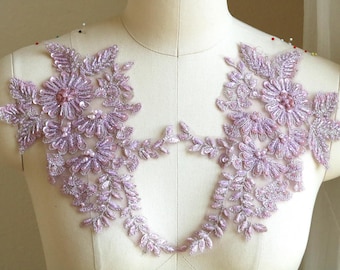 LILAC LAVENDER Hand Beaded Lace Applique with Sequin for Dancing Costumes, Dusty Pink, Light Purple Lace Appliqué for Garments A268-D