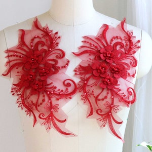 BRIGHT RED 3D Pearl Beaded Embroidered Floral Lace Applique for Garments, Lyrical Dancing Costumes, Ballroom Gowns, Prom Dress A168-D