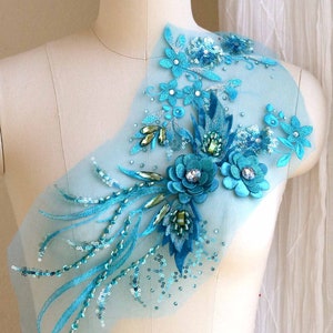 Aplique de renda de buquê 3D TURQUESA, contas de cristal com grandes strass costurados à mão e lantejoulas para traje de dança, vestido formal A253-E