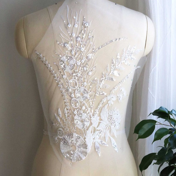 A170-a Off White Lace Applique, Heavy Beaded Bridal Lace Applique, White Dancing Costume Lace Applique, Unique Lace Applique, Bodice Lace