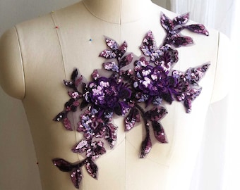 3d Sequin Lace Applique Lace Applique Bling Dancing Costume Lace Applique Purple A190-a Purple Sequins Lace Applique Shiny Lace Applique