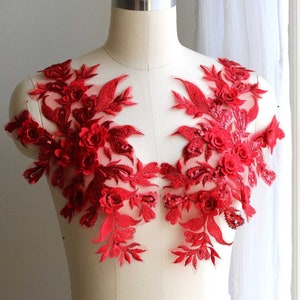 RED 3D Sequin Lace Applique, Floral Leaf Sewing Lace Decoration for Dancing Costume, Ballet, Ballroom Gown, Prom Dress A214-E