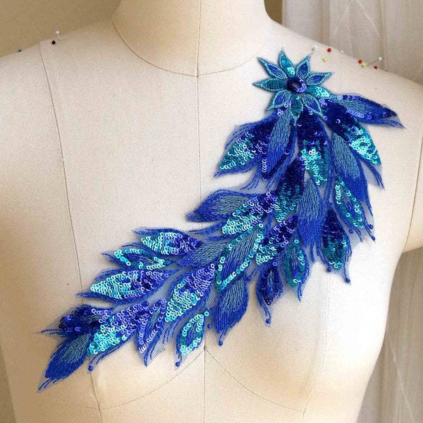 ROYAL BLUE Phoenix Wing Sequin Lace Applique for Garments, Teal Dancing Costume Lace Applique, Shinny Prom Dress, Evening Dress Lace A266-A