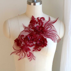 BURGUNDY 3D Sequin Lace Applique with 3-Flowers Pattern for DIY Couture Dancing Costume, Ballroom Gown, Prom Dress, Fashion Design A235-D
