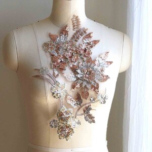 ORO CHAMPAGNE y PLATA Apliques de encaje de lentejuelas brillantes con pedrería para traje de baile de alta costura, vestido brillante, vestido de fiesta radiante A156-E