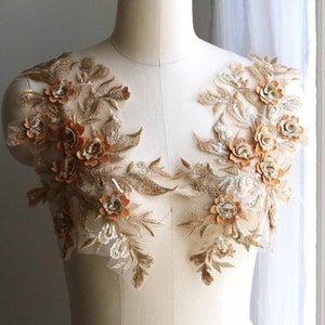 CHAMPAGNER GOLD 3D Pailletten Spitzenapplikation, florales Blatt Nähen Spitzendekoration für Tanzkostüm, Ballett, Ballsaalkleid, Abschlussballkleid A214-D