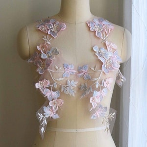 Aplique de flores en 3D de encaje romántico en color rosa bebé y azul, con cuentas de perlas para vestido formal, vestuario artístico, vestido de fiesta, vestido de desfile, ballet A178-C