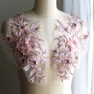 ROSE GOLD Lace Appliqué, Sequin Lace Applique, 3d Lace Applique, Mirrored Pair Lace Applique, Dancing Costume Lace Appliqué, Pink A214-F