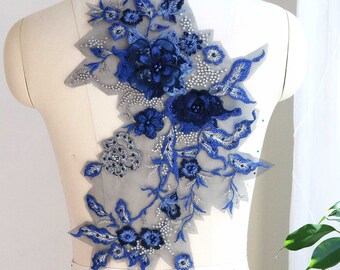 ROYAL BLUE 3D Pearl Beaded Bodice Flower and Leaves Lace Applique for Dance Costume, Evening Gown, Prom Dress, Homecoming Dress A016-K