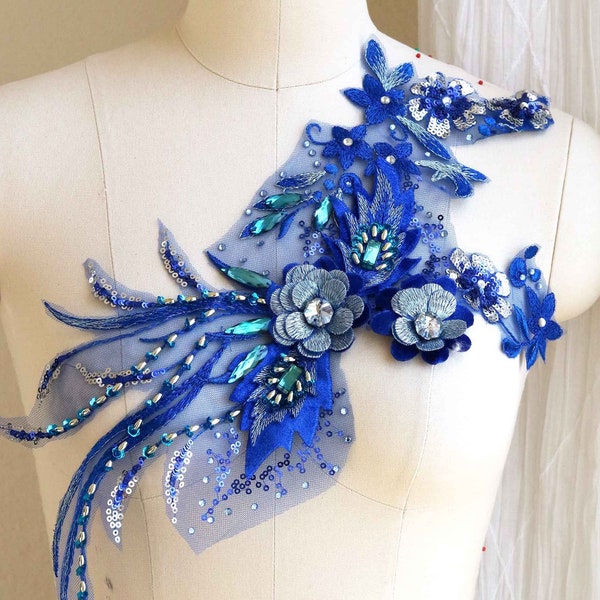A253h Royal Blue Large Crystal Beaded Lace Applique, Hand Sewing on Rhinestone Sequin Beaded Lace Appliqués for Dancing Costume Prom Dress