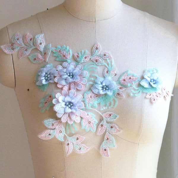 A145-b Baby Pink Blue Mint Lace Applique, Pearl beaded 3D Lace Applique, Embroidered Lace Applique for Lyrical Dancing Costume, Candy Color