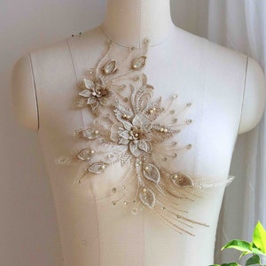 GOLD CHAMPAGNE 3D-Perlen Perlen funkelnde Spitze Patch Applikation für DIY Hochzeitskleid, Ballkleid, Kleider, Abendkleid, Abendgarderobe A135-A