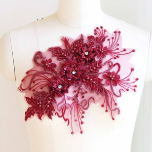 BURGUNDY 3D Flower Pearl Beaded Lace Applique with Rhinestone and Sequin for Lyrical Dancing Costume, Evening Gown, Ballet. Dark Red A136-F