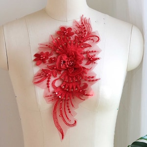 A166-e Red Lace Appliqué, 3D Lace Applique, Dancing Costume Lace, Pearl Beaded Applique, Lyrical Dancing Costume Lace, Red Costume Lace