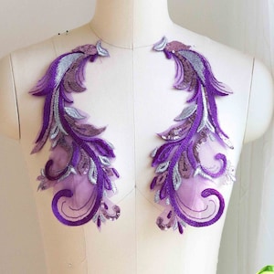 VIOLET appliques de dentelle à sequins queue de phénix, paire de miroirs pour costume de danse, robe de bal, robe de reconstitution historique, costume de ballet, couvre-chef A137-B