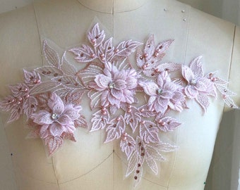 ORO ROSA (rosa bebé) Aplique de encaje con diseño floral en perlas 3D y diamantes de imitación para traje de baile, vestido de graduación, falda, ballet A159-E
