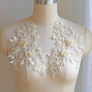 Aplique de corazón hecho a mano en color champán claro, parche de encaje para coser en 3D, con cuentas y lentejuelas, par reflejado para disfraz de baile, ballet, vestido A140-D