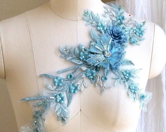 A250-i Ice Blue Lace Appliqués 3D with hand sewing on Rhinestone and Leaf for Dancing Costume, Prom Dress, Lyrical Dancing New Arrival
