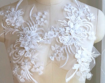 OFF WHITE 3D Pearl Beaded Embroidered Flower and Leaf Lace Applique for Bridal, Veils, Couture Costumes, Evening Gowns, Ballet, Prom A158-F