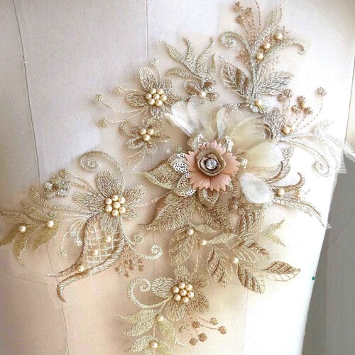 A135-a New Beaded Gold Champagne Lace Appliqué 3D Lace - Etsy