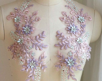 PINK MINT LAVENDER 3D Corded Lace Applique Motif with Iron on Beads for Couture Dancing Costumes, Prom Dresses, Ballroom Gowns A154-B