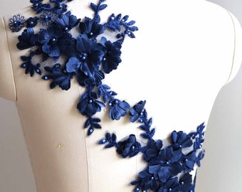 NAVY BLUE 3D Petal and Leaves Lace Applique Pair with Pearls and Beads for Elegant Dresses, Couture Dance Costumes, Prom Dresses A148-B