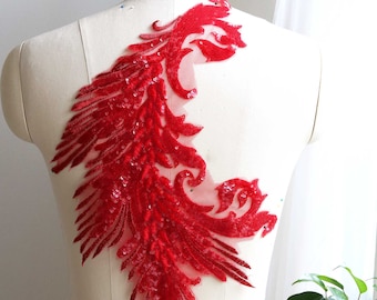 A150-b Phoenix Large Sequin Lace Appliqué Red, Dancing Costume Lace Appliqué, Shinny Prom Dress, Evening Dress Lace