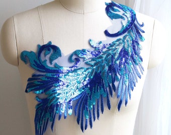 A150-a Phoenix Large Sequin Lace Appliqué Blue Turquoise, Dancing Costume Lace Appliqué, Shinny Prom Dress, Evening Dress Lace