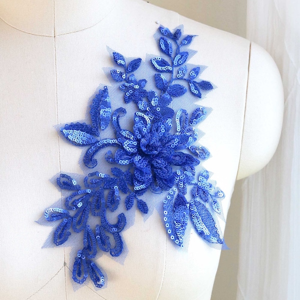 A175-k Royal Blue Lace Applique, Sequin Lace Applique, 3D Lace Applique, Dancing Costume Lace, Head Piece Lace, Sequin Lace Blue