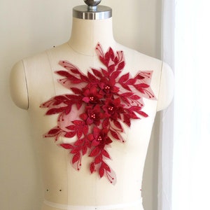 BURGUNDY 3D Bloom Appliqué with Beaded Pearl Flowers and Leaves for DIY Dancing Costume, Gown, Prom Dress, Formal Wear. Dark Red Wine A183-A