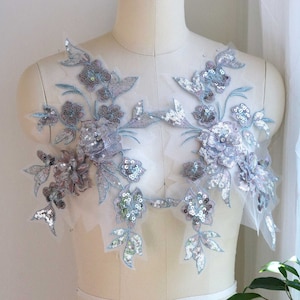Aplique con motivo AZUL POLVO, PLATA y oro rosa con lentejuelas brillantes y pedrería brillante, aplique de encaje de traje para vestidos elegantes A163-E