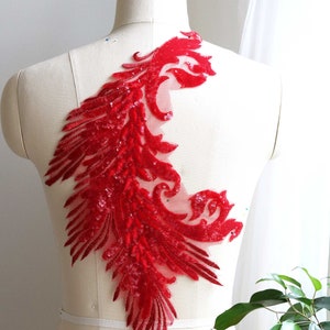 Aplique de renda de lantejoulas brilhantes RED Phoenix para traje de dança, traje de patinação, balé, vestido de baile, vestido de noite, saia A150-B