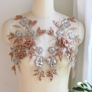 Aplique con motivo GOLD & SILVER CHAMPAGNE con lentejuelas brillantes y pedrería brillante, aplique de encaje de traje para vestidos elegantes, vestidos A163-D