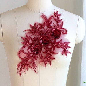 BOURGOGNE applique en dentelle 3D argentée avec élégantes roses et fleurs perlées et paillettes brillantes pour costumes de danse, rouge foncé, vin A160-G