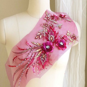 Aplique de renda 3D buquê ROSA CHOCANTE e DOURADO, contas de cristal com strass grandes costurados à mão e lantejoulas para traje de dança, vestido formal A253-C