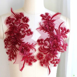 BURGUNDY 3D Pearl Beaded Embroidered Flower and Leaf Lace Applique for Couture Costumes, Evening Gowns, Ballet, Prom Dresses A158-B