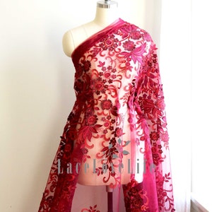 BURGUNDY 3D Lace Fabric, Garment Lace Fabric, Costume Lace Fabric, Floral Lace Fabric, Leaf Lace Fabric, Wine Lace Fabric, Dark Red F018-B