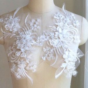 OFF WHITE 3D Pearl Beaded Embroidered Flower and Leaf Lace Applique for Bridal, Veils, Couture Costumes, Evening Gowns, Ballet, Prom A158-F