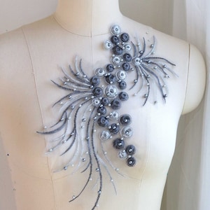Aplique de renda com contas de pérola 3D PRATA e ASH MARROM, design exclusivo de ninho de pássaros para fantasia de dança de alta costura, vestido de noite, vestido de baile A164-B