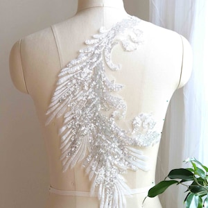 Applique en dentelle à sequins brillants Phoenix blanc et argent pour costume de danse, costume de patinage, ballet, robe de bal, robe de soirée, jupe A150-H