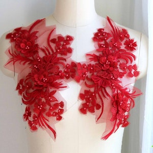 HELLROTE 3D-Perlen bestickte Blumen- und Blatt-Spitzenapplikation für Couture-Kostüme, Abendkleider, Ballett, Ballkleider A158-C