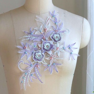 PASTEL Apliques de encaje 3D lavanda, rosa y menta con elegantes rosas y flores con cuentas de perlas y lentejuelas brillantes para trajes de baile A160-A
