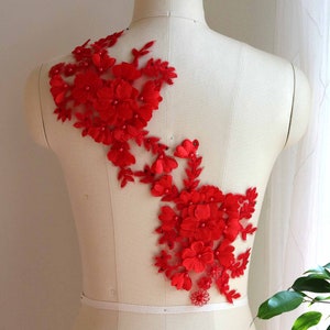 Paire d'appliques en dentelle pétales et feuilles 3D ROUGE avec perles et perles pour robes élégantes, costumes de danse couture, robes de bal A148-G