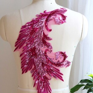 Applique en dentelle à sequins brillants Phoenix ROSE pour costume de danse, costume de patinage, ballet, robe de bal, robe de soirée, jupe A150-E