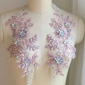 A154-b Pink Mint Lavender Corded Lace Applique, Large Mirror Pair Lace, Dancing Costume Lace Applique, 3D Lace Applique, Pearl Beaded Lace image 1