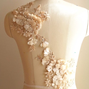 Paire d'appliques en dentelle pétales et feuilles 3D CHAMPAGNE avec perles et perles pour robes élégantes, costumes de danse haute couture, robes de bal A148-E