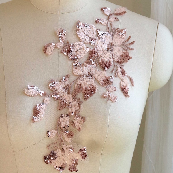 ROSE GOLD Shiny Sequin Flower and Leaves Lace Applique, Rose Pink Design for Lyrical Dancing Costume, Ballet, Gown, Prom Dress A173-M