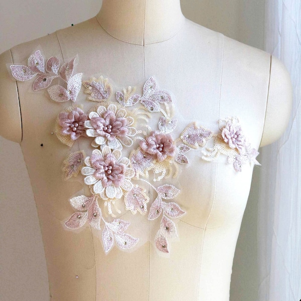 LIGHT CHAMPAGNE & ROSE Gold 3D Blossom Lace Applique for Lyrical Dancing Costume, Ballroom Gown, Prom Dress, Ballet, Garment A145-C