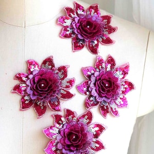 Dentelle florale à sequins 3D rose vif, dentelle pour une seule fleur, costume de danse appliqué en dentelle florale, dentelle pour la tête, lacet de chaussure, fleur de poignet A153-L